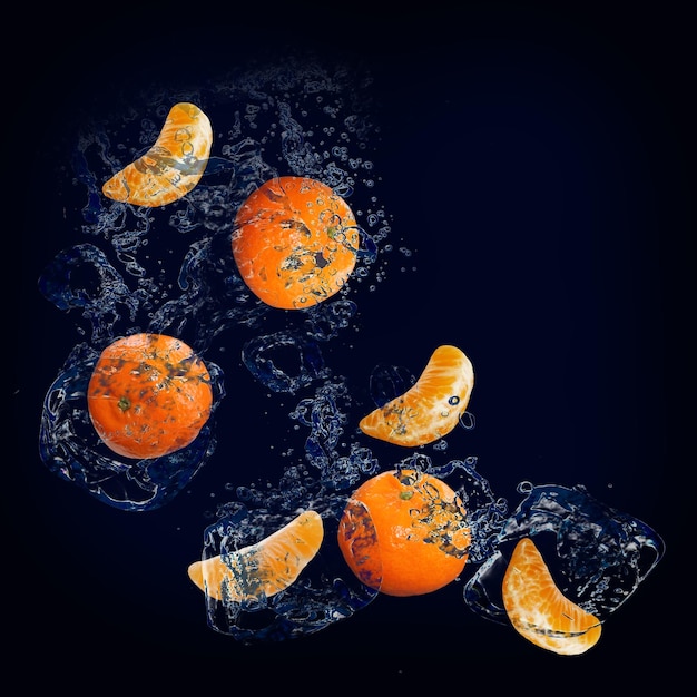 Fondo de pantalla de jugosa fruta mandarina en agua para diseñadores e ilustradores