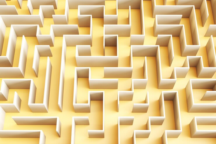 Foto fondo de pantalla de laberinto amarillo creativo solución de salida y concepto de desafío representación 3d