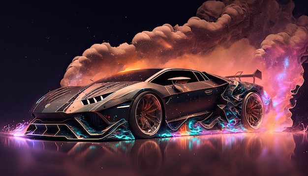 Fondo de pantalla de Lamborghini Car With Smoke and Galaxy Vibe Generated AI