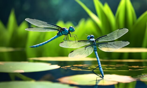 Fondo de pantalla de libélulas bailando sobre estanques de lirios