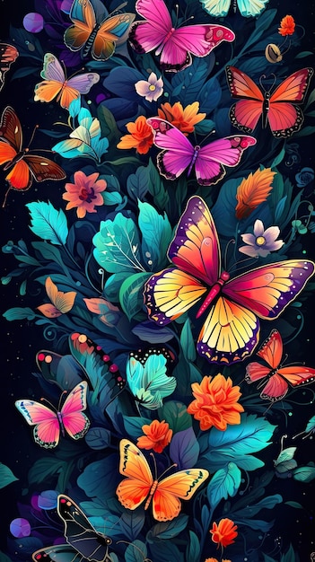 Fondo de pantalla de mariposas de colores reunidas en un jardín de flores para teléfono