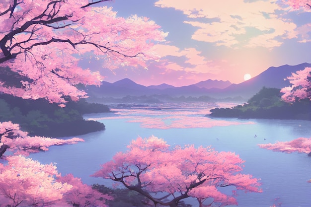 Fondo de pantalla de paisaje de anime de Japón con hermosos cerezos rosados y el Monte Fuji en el fondo