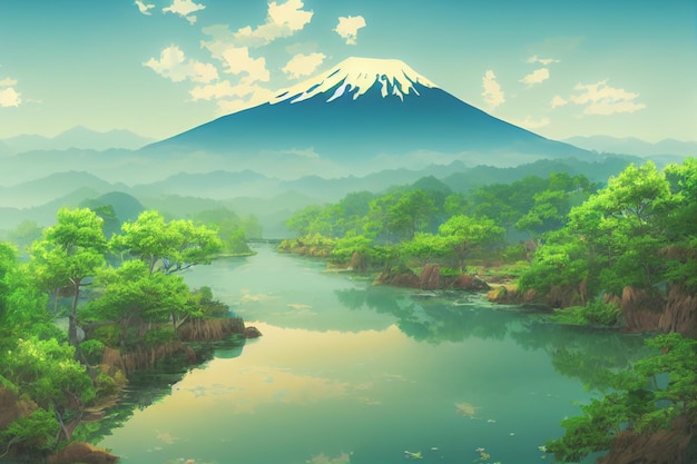 Fondo de pantalla de paisaje de anime de Japón con hermosos cerezos rosados y el Monte Fuji en el fondo