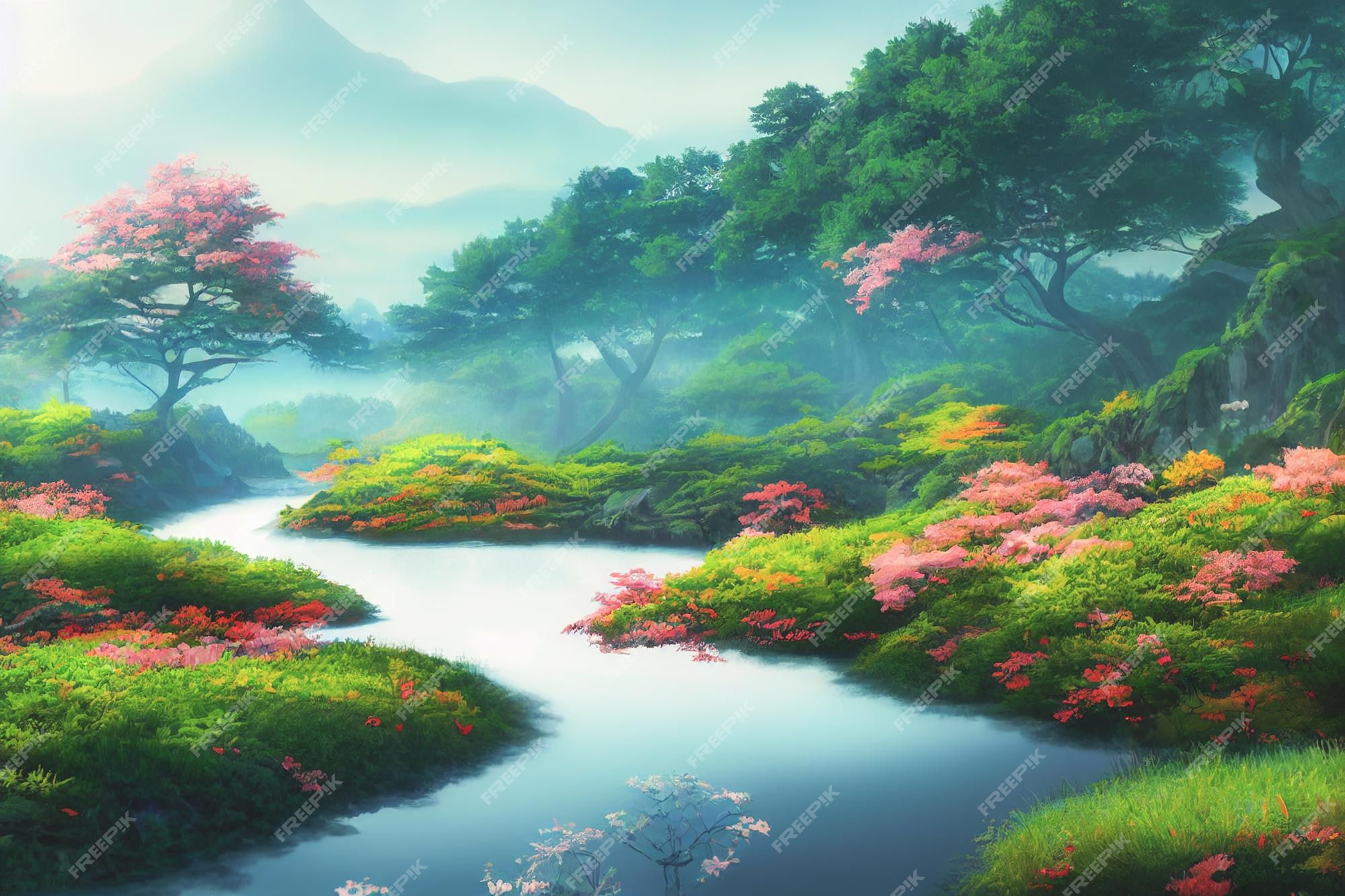 Fondo de pantalla de paisaje de anime de japón con hermosos cerezos rosados  y el monte fuji en el fondo | Foto Premium