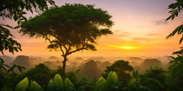 Fondo de pantalla con un paisaje tropical al atardecer Selva con montañas, palmeras, árboles y otras plantas silvestres Cielo con nubes y sol poniente Ilustración de la selva IA generativa