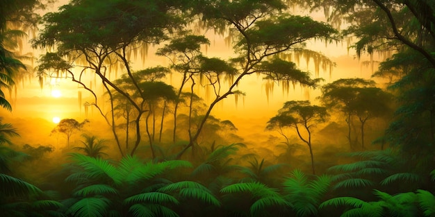 Fondo de pantalla con un paisaje tropical al atardecer Selva con palmeras y otras plantas silvestres Cielo con nubes y sol poniente Ilustración de la selva tropical Fondo con naturaleza prístina