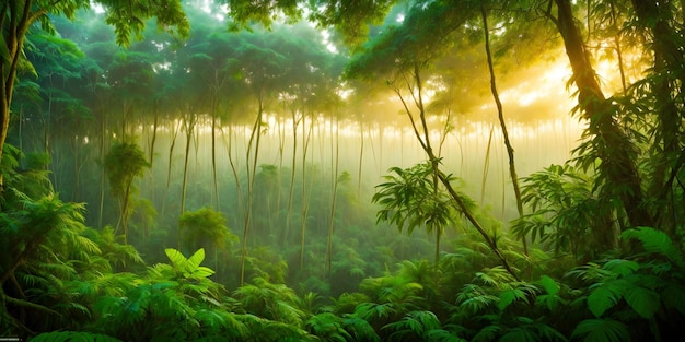 Fondo de pantalla con un paisaje tropical al atardecer Selva con palmeras y otras plantas silvestres Cielo con nubes y sol poniente Ilustración de la selva tropical Naturaleza prístina IA generativa