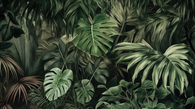 Un fondo de pantalla de plantas tropicales con hojas verdes.