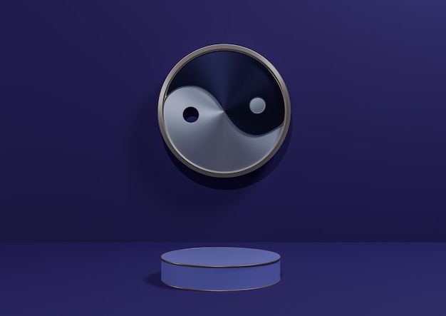 Fondo de pantalla de producto 3D azul oscuro mínimo metálico Yin y yang símbolo podio línea dorada