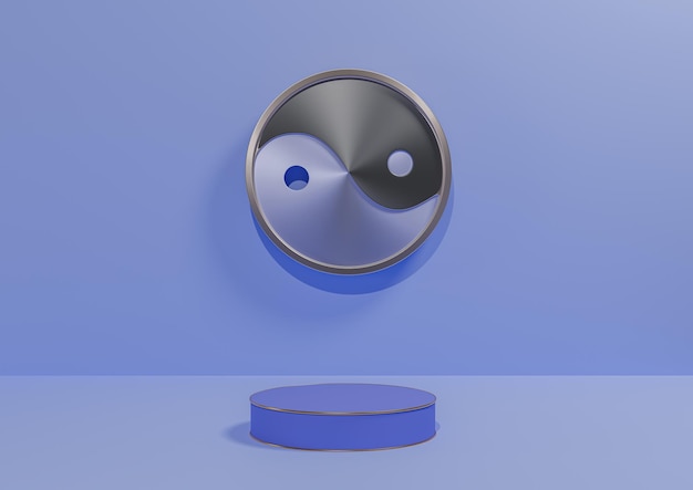 Fondo de pantalla de producto 3D azul pastel mínimo metálico Yin y yang símbolo podio línea dorada