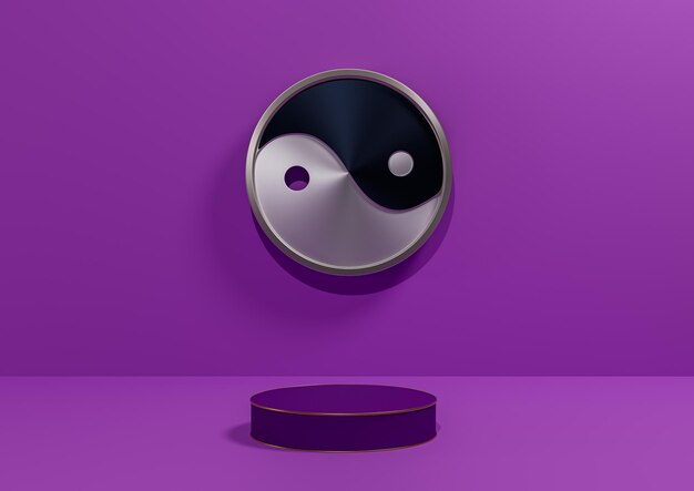 Fondo de pantalla de producto 3D púrpura Línea de oro de podio de símbolo de Yin y yang metálico mínimo