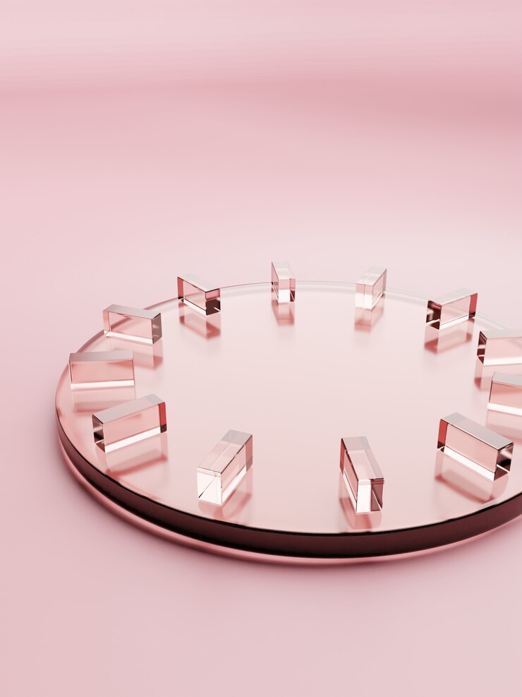 Fondo de pantalla de producto de placas de vidrio acrílico con forma de reloj abstracto o geométrico de renderizado 3D