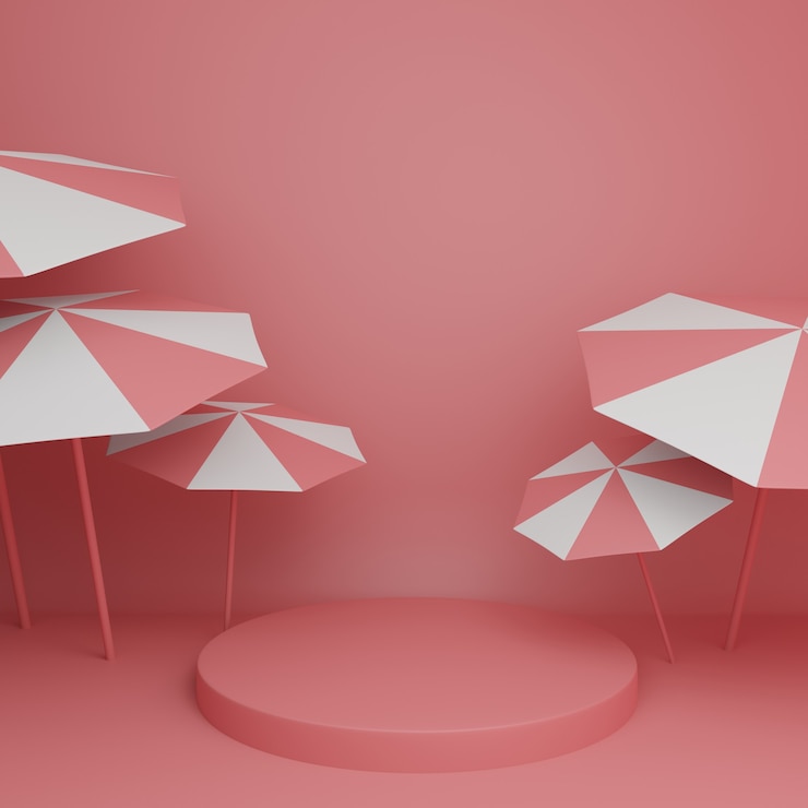 Fondo de pantalla de producto de verano de renderizado 3D con paraguas artesanales de papel pastel y olas del mar