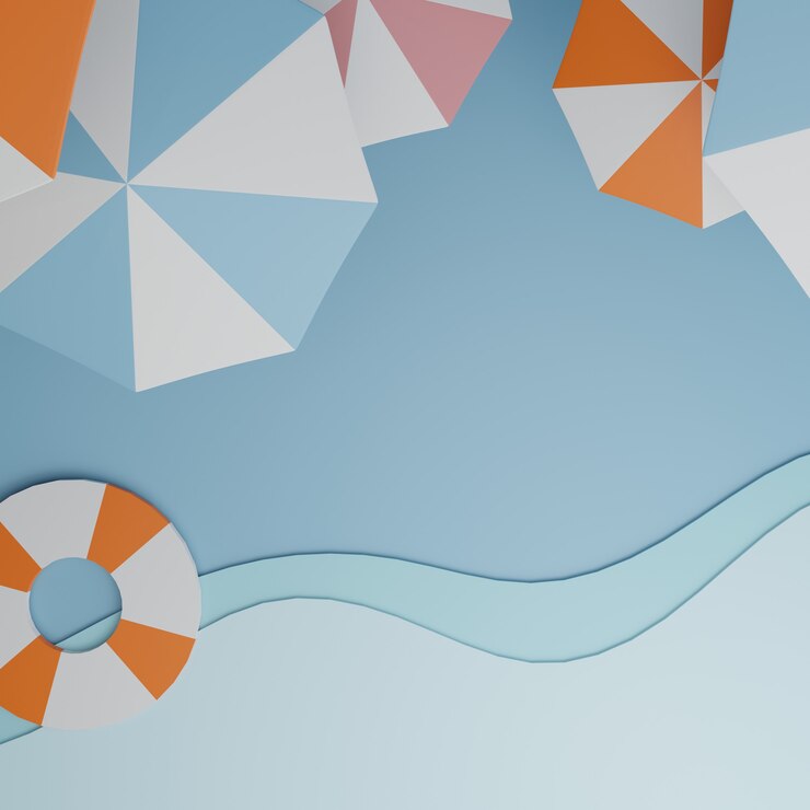 Fondo de pantalla de producto de verano de renderizado 3D con paraguas artesanales de papel pastel y olas del mar
