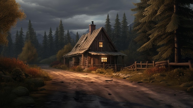 Fondo de pantalla realista de la casa del bosque oscuro con cabaña de madera en una carretera