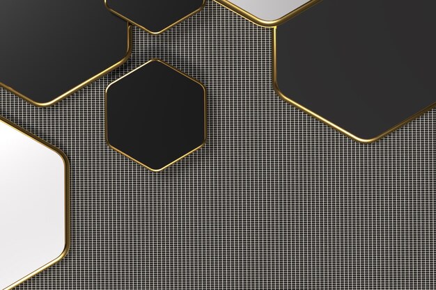 Foto fondo de pantalla de renderizado 3d línea dorada hexagonal color negro moderno para estilo innovador de tecnología de red