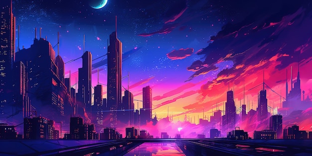 Fondo de pantalla retrowave synthwave de paisaje urbano estético con un diseño de neón fresco y vibrante