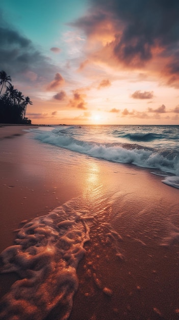 Fondo de pantalla del teléfono puesta de sol sobre una playa tropical IA generativa