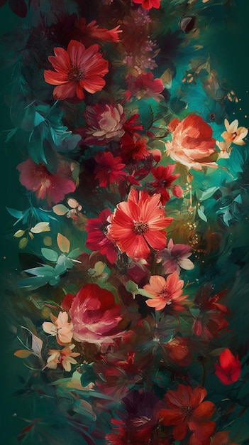 Fondo de pantalla del teléfono que revela flores rojas en colores rojo y verde Imagen generativa de IA