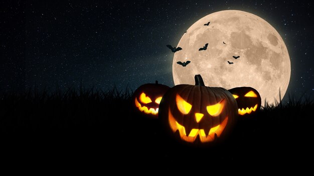 Fondo de pantalla de vacaciones de Halloween con espacio libre para texto y diseño. . Las calabazas brillan en un campo de hierba con una aterradora luna llena y murciélagos por la noche. Feliz concepto de halloween