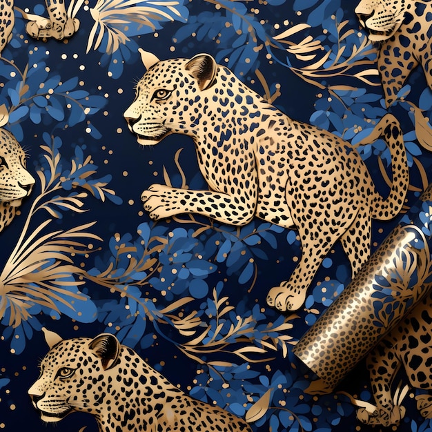 Fondo de papel digital de leopardo azul y dorado