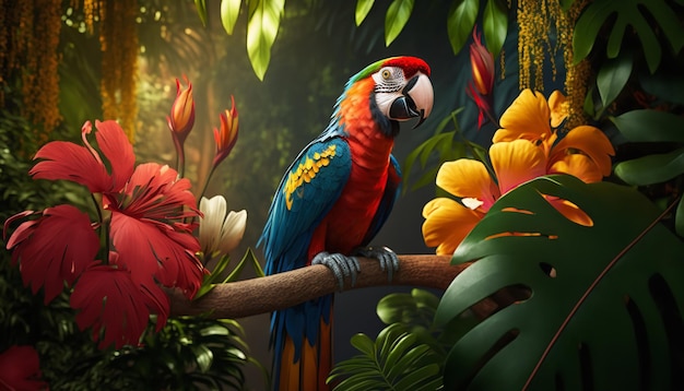 Fondo para papel tapiz tropical que incluye flora y pájaros Excelente papel tapiz para PC con un impresionante telón de fondo abstracto Ai generativo