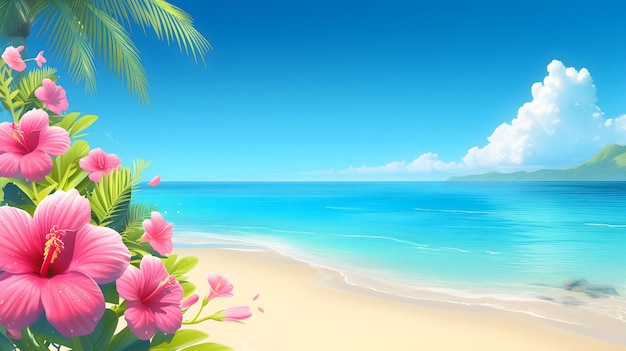 Fondo de paraíso tropical con flores de hibisco en el fondo de la playa plantilla soleada de verano brillante