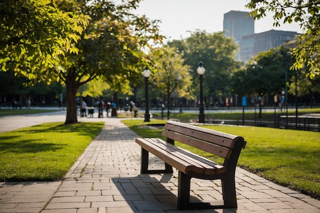 Foto fondo de paralaje con parque de la ciudad y banco