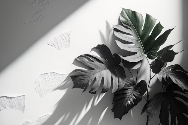 Fondo de pared blanca con textura de estuco y hojas grandes Ilustración AI Generativo