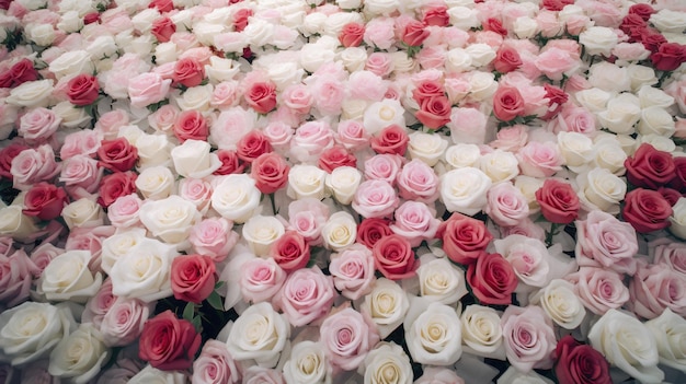 Fondo de pared de flores generativas de IA con rosas frescas blancas y rosas claras pastel y ramo suave