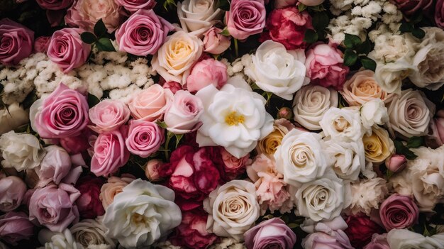 Fondo de pared de flores generativas de IA con rosas frescas blancas y rosas claras pastel y ramo suave