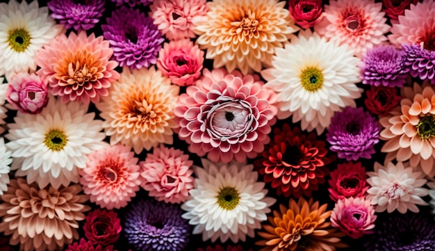 Fondo de pared de flores con increíbles flores de crisantemo rojo, naranja, rosa, púrpura, verde y blanco, decoración de boda hecha a mano, hermoso fondo de pared de flores