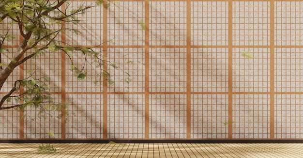 Foto fondo de pared de grano de madera sala de piso de madera y escena del hogar pasillo y árboles con sombras golpeando