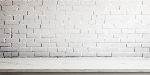 Foto fondo de pared de ladrillo blanco con una mesa vacía
