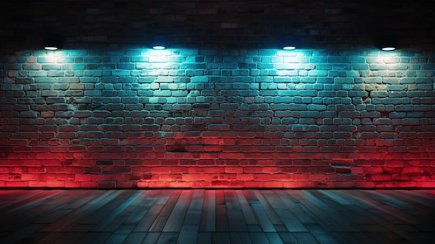 Fondo de pared de ladrillo con luces de neón rojas y azules