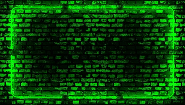 Fondo de pared de ladrillo marco de luz de neón verde Ilustración 3D de la habitación de neón