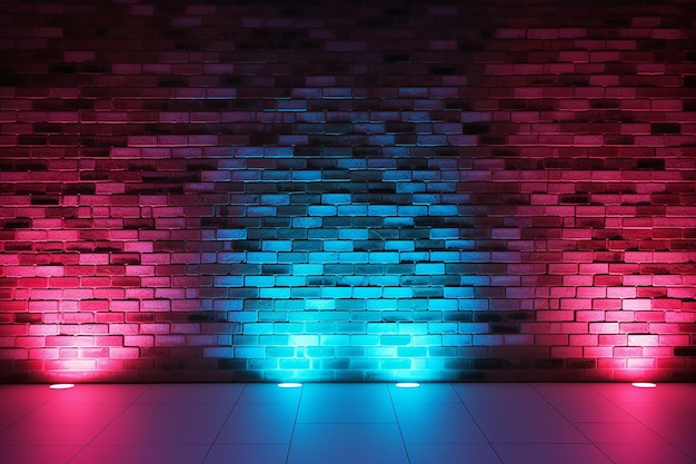 Foto fondo de pared de ladrillo negro con efecto de iluminación de neón rosa púrpura y azul