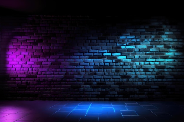 Fondo de pared de ladrillo negro con efecto de luz de neón de rosa y púrpura a azul generado por IA