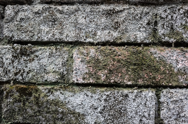 Fondo de pared de ladrillo de piedra rugosa con líquenes y musgo