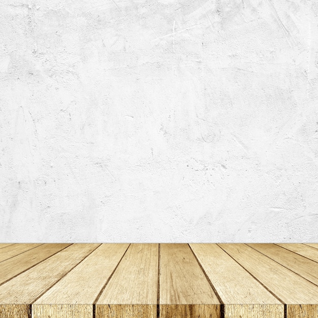 Fondo de pared vacía de madera de perspectiva y cemento blanco