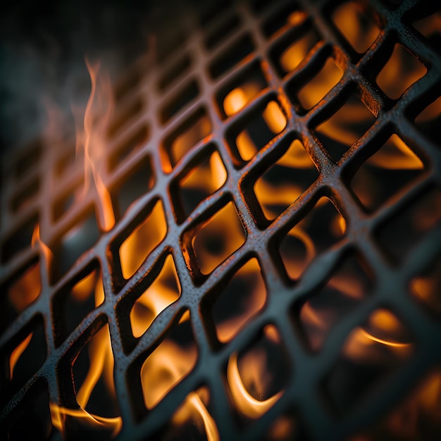 fondo de la parrilla de la foto, primer plano de la parrilla del fuego de la barbacoa, aislado en la fotografía de fondo negro