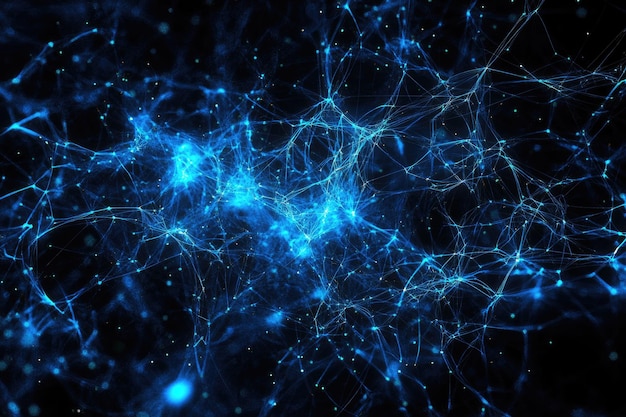 Fondo de partículas brillantes azules abstractas con un efecto bokeh en un fondo negro un concepto de tecnología generativa de IA