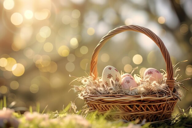 Fondo de Pascua con una canasta de huevos a la luz del sol