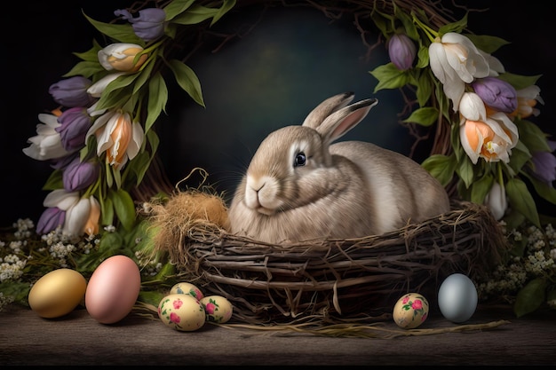 Fondo de pascua conejito y huevos generados ai