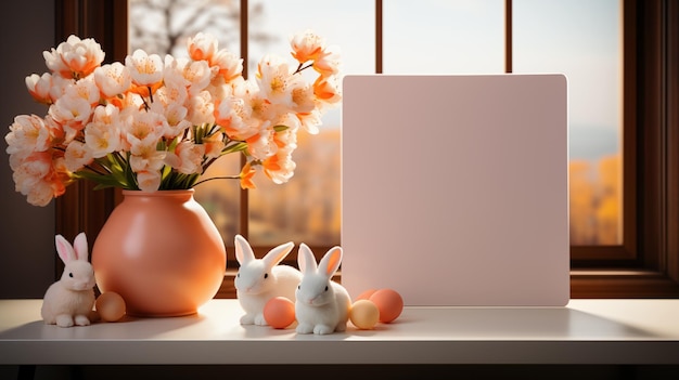 Fondo de Pascua Hoja de papel para la nota de Pascua extendida sobre una mesa con decoraciones de Pascua
