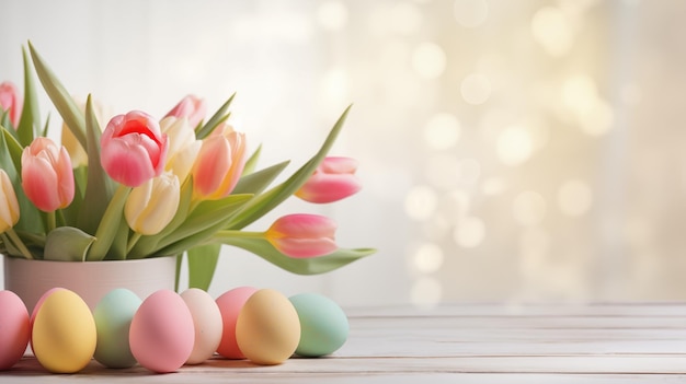 Fondo de Pascua con huevos de colores y tulipanes en una mesa de madera ligera