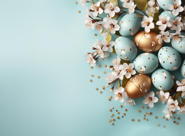 Fondo de Pascua con huevos dorados y azules decorados y flores blancas de manzana de primavera vista superior