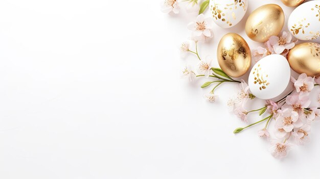 Fondo de Pascua con huevos dorados y flores de primavera Espacio de copia de vista superior plana