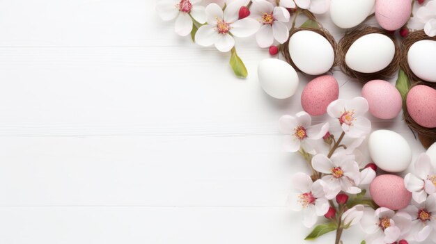 Fondo de Pascua con huevos de Pascua y flores de primavera sobre fondo blanco Vista superior con espacio de copia