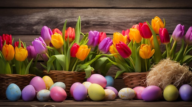 Fondo de Pascua Huevos de Pascua Tulipas mesa de madera rústica Lugar para el texto